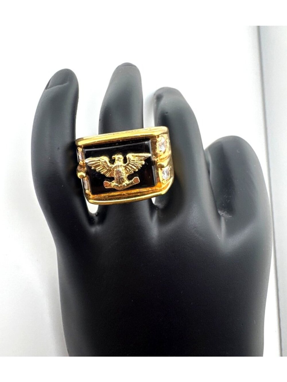 Vintage LIND Lindenwold Eagle Ring Size 12 14K HGE Black Stone Clear Accents